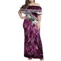 Pink Traditional Cloak Aotearoa Family Matching Off Shoulder Maxi Dress and Hawaiian Shirt Maori Paua Shell Korowai Pattern