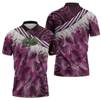 Pink Traditional Cloak Aotearoa Zipper Polo Shirt Maori Paua Shell Korowai Pattern - Polynesian Pride