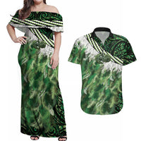 Green Traditional Cloak Aotearoa Couples Matching Off Shoulder Maxi Dress and Hawaiian Shirt Maori Paua Shell Korowai Pattern