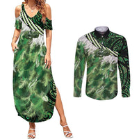 Green Traditional Cloak Aotearoa Couples Matching Summer Maxi Dress and Long Sleeve Button Shirt Maori Paua Shell Korowai Pattern LT14 Green - Polynesian Pride