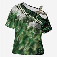 Green Traditional Cloak Aotearoa Cross Shoulder Shirt Maori Paua Shell Korowai Pattern LT14 Female Green - Polynesian Pride