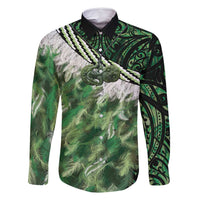 Green Traditional Cloak Aotearoa Family Matching Long Sleeve Bodycon Dress and Hawaiian Shirt Maori Paua Shell Korowai Pattern LT14 Dad's Shirt - Long Sleeve Green - Polynesian Pride