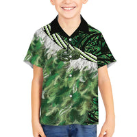 Green Traditional Cloak Aotearoa Family Matching Off Shoulder Short Dress and Hawaiian Shirt Maori Paua Shell Korowai Pattern