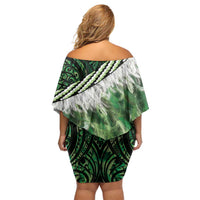Green Traditional Cloak Aotearoa Off Shoulder Short Dress Maori Paua Shell Korowai Pattern