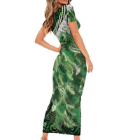 Green Traditional Cloak Aotearoa Short Sleeve Bodycon Dress Maori Paua Shell Korowai Pattern