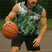 Green Traditional Cloak Aotearoa Sleeveless Zip Hoodie Maori Paua Shell Korowai Pattern LT14 - Polynesian Pride