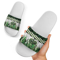 Green Traditional Cloak Aotearoa Slide Sandals Maori Paua Shell Korowai Pattern - Polynesian Pride