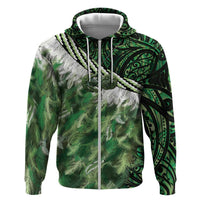 Green Traditional Cloak Aotearoa Zip Hoodie Maori Paua Shell Korowai Pattern LT14 Zip Hoodie Green - Polynesian Pride