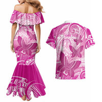Personalised Polynesia Breast Cancer Awareness Couples Matching Mermaid Dress and Hawaiian Shirt Think Pink Ribbon Polynesian Butterflies