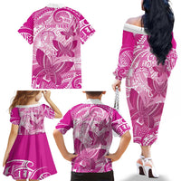 Personalised Polynesia Breast Cancer Awareness Family Matching Off The Shoulder Long Sleeve Dress and Hawaiian Shirt Think Pink Ribbon Polynesian Butterflies