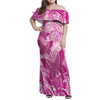 Personalised Polynesia Breast Cancer Awareness Family Matching Off Shoulder Maxi Dress and Hawaiian Shirt Think Pink Ribbon Polynesian Butterflies