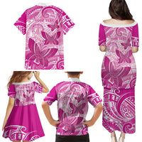 Personalised Polynesia Breast Cancer Awareness Family Matching Puletasi and Hawaiian Shirt Think Pink Ribbon Polynesian Butterflies