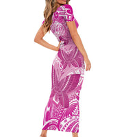 Personalised Polynesia Breast Cancer Awareness Family Matching Short Sleeve Bodycon Dress and Hawaiian Shirt Think Pink Ribbon Polynesian Butterflies