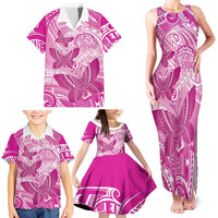 Personalised Polynesia Breast Cancer Awareness Family Matching Tank Maxi Dress and Hawaiian Shirt Think Pink Ribbon Polynesian Butterflies