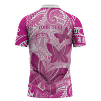 Personalised Polynesia Breast Cancer Awareness Zipper Polo Shirt Think Pink Ribbon Polynesian Butterflies