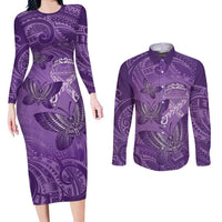 Personalised Polynesia Lupus Awareness Month Couples Matching Long Sleeve Bodycon Dress and Long Sleeve Button Shirt Warrior Purple Ribbon Polynesian Butterflies