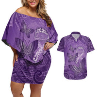 Personalised Polynesia Lupus Awareness Month Couples Matching Off Shoulder Short Dress and Hawaiian Shirt Warrior Purple Ribbon Polynesian Butterflies