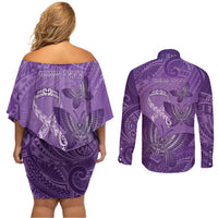 Personalised Polynesia Lupus Awareness Month Couples Matching Off Shoulder Short Dress and Long Sleeve Button Shirt Warrior Purple Ribbon Polynesian Butterflies