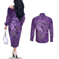 Personalised Polynesia Lupus Awareness Month Couples Matching Off The Shoulder Long Sleeve Dress and Long Sleeve Button Shirt Warrior Purple Ribbon Polynesian Butterflies
