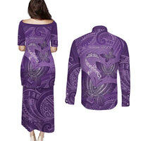Personalised Polynesia Lupus Awareness Month Couples Matching Puletasi and Long Sleeve Button Shirt Warrior Purple Ribbon Polynesian Butterflies