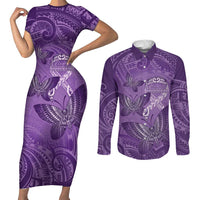 Personalised Polynesia Lupus Awareness Month Couples Matching Short Sleeve Bodycon Dress and Long Sleeve Button Shirt Warrior Purple Ribbon Polynesian Butterflies