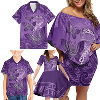 Personalised Polynesia Lupus Awareness Month Family Matching Off Shoulder Short Dress and Hawaiian Shirt Warrior Purple Ribbon Polynesian Butterflies