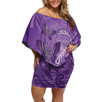 Personalised Polynesia Lupus Awareness Month Family Matching Off Shoulder Short Dress and Hawaiian Shirt Warrior Purple Ribbon Polynesian Butterflies