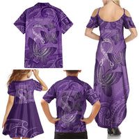 Personalised Polynesia Lupus Awareness Month Family Matching Summer Maxi Dress and Hawaiian Shirt Warrior Purple Ribbon Polynesian Butterflies