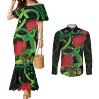New Zealand Gecko Couples Matching Mermaid Dress and Long Sleeve Button Shirt Aotearoa Maori With Pohutukawa Flowers