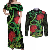 New Zealand Gecko Couples Matching Off Shoulder Maxi Dress and Long Sleeve Button Shirt Aotearoa Maori With Pohutukawa Flowers