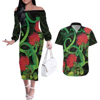 New Zealand Gecko Couples Matching Off The Shoulder Long Sleeve Dress and Hawaiian Shirt Aotearoa Maori With Pohutukawa Flowers