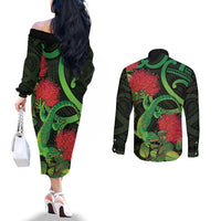 New Zealand Gecko Couples Matching Off The Shoulder Long Sleeve Dress and Long Sleeve Button Shirt Aotearoa Maori With Pohutukawa Flowers