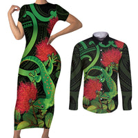New Zealand Gecko Couples Matching Short Sleeve Bodycon Dress and Long Sleeve Button Shirt Aotearoa Maori With Pohutukawa Flowers