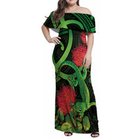 New Zealand Gecko Family Matching Off Shoulder Maxi Dress and Hawaiian Shirt Aotearoa Maori With Pohutukawa Flowers