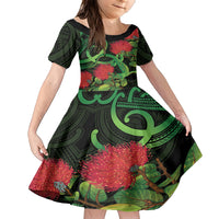 New Zealand Gecko Family Matching Short Sleeve Bodycon Dress and Hawaiian Shirt Aotearoa Maori With Pohutukawa Flowers