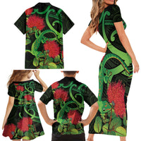 New Zealand Gecko Family Matching Short Sleeve Bodycon Dress and Hawaiian Shirt Aotearoa Maori With Pohutukawa Flowers