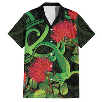 New Zealand Gecko Family Matching Short Sleeve Bodycon Dress and Hawaiian Shirt Aotearoa Maori With Pohutukawa Flowers