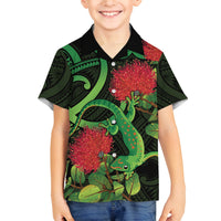 New Zealand Gecko Family Matching Tank Maxi Dress and Hawaiian Shirt Aotearoa Maori With Pohutukawa Flowers