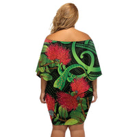 New Zealand Gecko Off Shoulder Short Dress Aotearoa Maori With Pohutukawa Flowers LT14 - Polynesian Pride