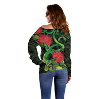New Zealand Gecko Off Shoulder Sweater Aotearoa Maori With Pohutukawa Flowers