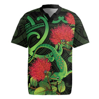 New Zealand Gecko Rugby Jersey Aotearoa Maori With Pohutukawa Flowers LT14 Black - Polynesian Pride