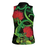 New Zealand Gecko Women Sleeveless Polo Shirt Aotearoa Maori With Pohutukawa Flowers