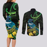 New Zealand Tui Bird Couples Matching Long Sleeve Bodycon Dress and Long Sleeve Button Shirt Aotearoa Maori With Kowhai Flowers