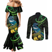 New Zealand Tui Bird Couples Matching Mermaid Dress and Long Sleeve Button Shirt Aotearoa Maori With Kowhai Flowers LT14 - Polynesian Pride