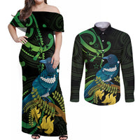 New Zealand Tui Bird Couples Matching Off Shoulder Maxi Dress and Long Sleeve Button Shirt Aotearoa Maori With Kowhai Flowers
