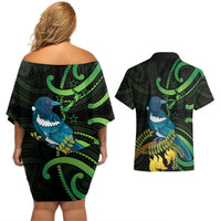 New Zealand Tui Bird Couples Matching Off Shoulder Short Dress and Hawaiian Shirt Aotearoa Maori With Kowhai Flowers