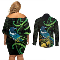 New Zealand Tui Bird Couples Matching Off Shoulder Short Dress and Long Sleeve Button Shirt Aotearoa Maori With Kowhai Flowers
