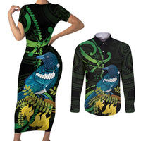 New Zealand Tui Bird Couples Matching Short Sleeve Bodycon Dress and Long Sleeve Button Shirt Aotearoa Maori With Kowhai Flowers