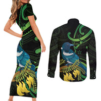 New Zealand Tui Bird Couples Matching Short Sleeve Bodycon Dress and Long Sleeve Button Shirt Aotearoa Maori With Kowhai Flowers