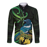 New Zealand Tui Bird Long Sleeve Button Shirt Aotearoa Maori With Kowhai Flowers